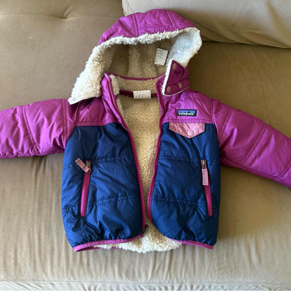 Patagonia 2T Purple and Cream Fleece-Lined Reversible Puffer Jacket